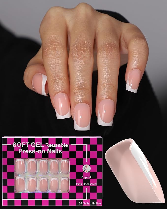 Press on Nails,French tip Short Square, 19 Sizes, 38 Pieces,Fake Nails with Brush-on Glue & Adhesive Tabs (Nude French)