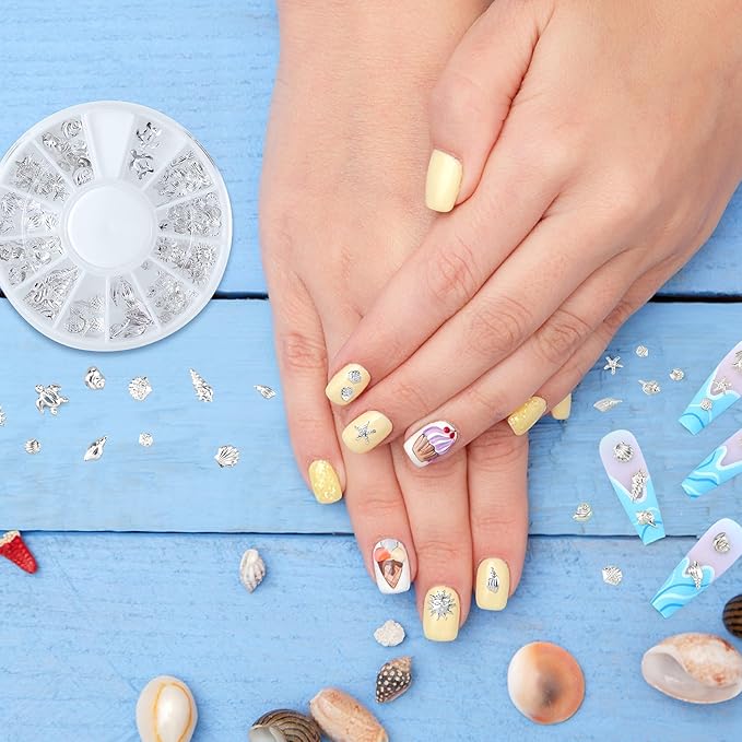 2 Disc Ocean Nail Art Charms, Beach Starfish Sea Seashell Nail Decal, Alloy 3D Gems Jewelry Decoration Supplies for Manicure DIY Embellishments 12 Style- Silver