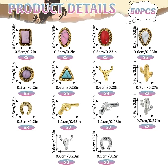 50 PCS Western Nail Charms Turquoise Gems - Mix Color 3D Vintage Turquoise Nail Charms, Retro Cowboy Gemstones Western Art Ornament for Women Daily DIY