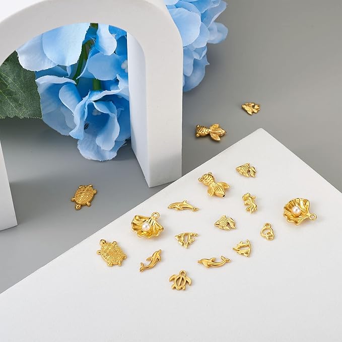 Pandahall 100Pcs Small Alloy Resin Fillers Supplies Ocean Theme Tortoise Fish Dolphin Goldfish Filling Accessories for Resin Jewelry Making