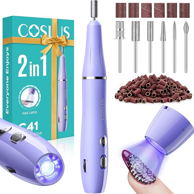 COSLUS Cordless Nail Drill Electric C41(END04): 2-in-1 Nail File with Flash Cure for Acrylic Gel Dip Powder Nails, Stepless Control for Beginner Home DIY, Portable & Professional Pedicure Kit