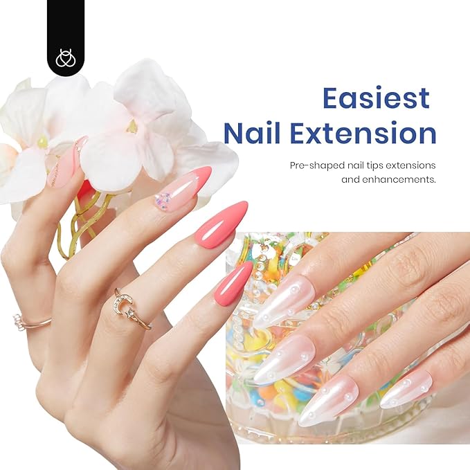 Beetles Gel Nail Kit Almond Nail Tips Easy Nail Extension Set 9 In 1 Nail Glue Gel with Pre shaped Medium Almond Nail Tips & UV Nail Lamp Acrylic Nail Clipper DIY Art Gifts for Her
