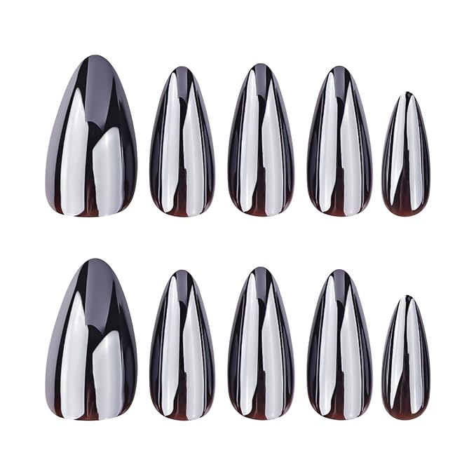 Black Press on Nails Almond - Medium Fake Nails with Chrome Design - Glossy Full Cover Stick on False Nails for Women 24 Pcs