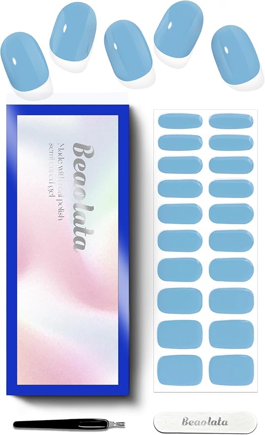 Semi Cured Gel Nail Strips - UV Light Gel Nail Stickers - 20 Long Lasting Salon Quality Wraps (Sky Blue Phantasm)