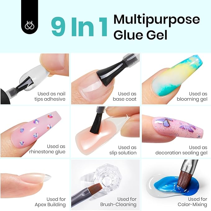 beetles Gel Polish 9 in 1 Nail Glue and Mini Uv Light Set for Easy and Fast Extension System Nail Gel Glue for False Nails Tips, Rhinestone, Base Gel, Blooming Gel