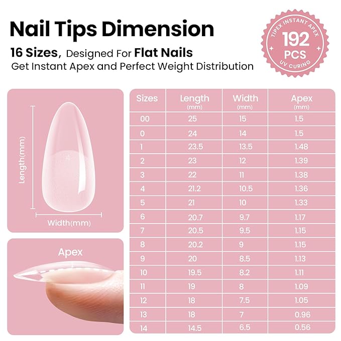 Beetles Tipex Instant Apex Nail Tips, Almond Medium, 16 Sizes (00–14), 192pcs, Built-In Apex, No Builder Gel Required, Thicker Strong Acrylic Tips for DIY Nail Extensions