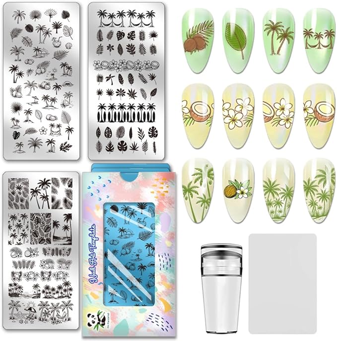 PH PandaHall 3pcs Tropical Style Nail Stamping Plates, Tree Leaves Nail Art Templates Coconut Tree Sandbeach Stainless Steel Image Plate Art Stencils for Summer DIY Print Manicures Salon Design
