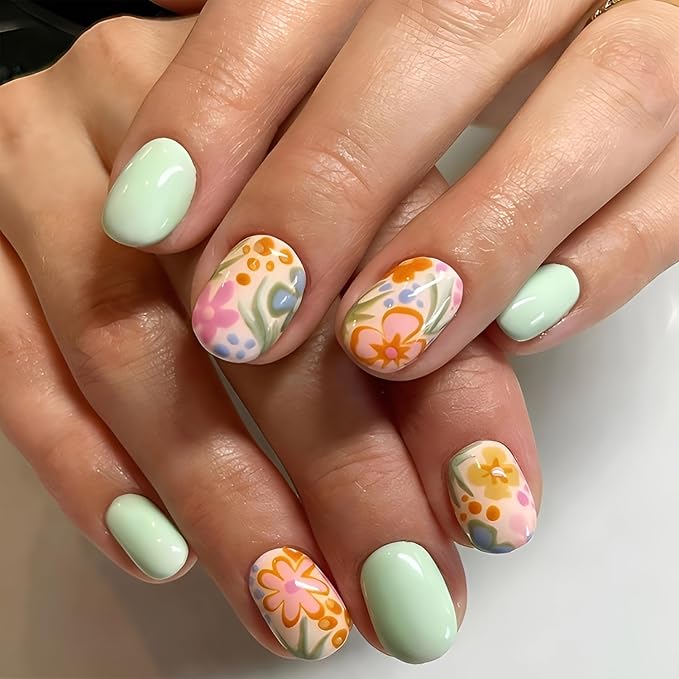 Flower Press on Nails Short Almond Fake Nails Colorful Flower Nails Press Ons Green False Nails Glossy Full Cover Glue on Nail Summer Spring Stick on Nail for Women Set Decorations Set 24Pcs