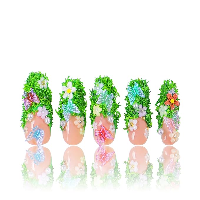LOVFUL Press on Nails Fairy Tale Garden | Handmade with Full Covered Crystals | Reusable Full Cover Nails | Coffin Classic Regular 1.3 in | H151-M