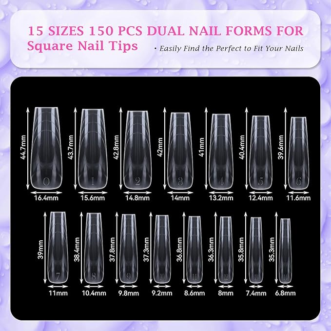Outopen 150pcs Long Coffin Nail Forms for French Nail Extension, Thicken Clear Coffin Nail Mold for Polygel Acrylic Extension, Full Cover Fake Press On Nail Molds, 15 Sizes