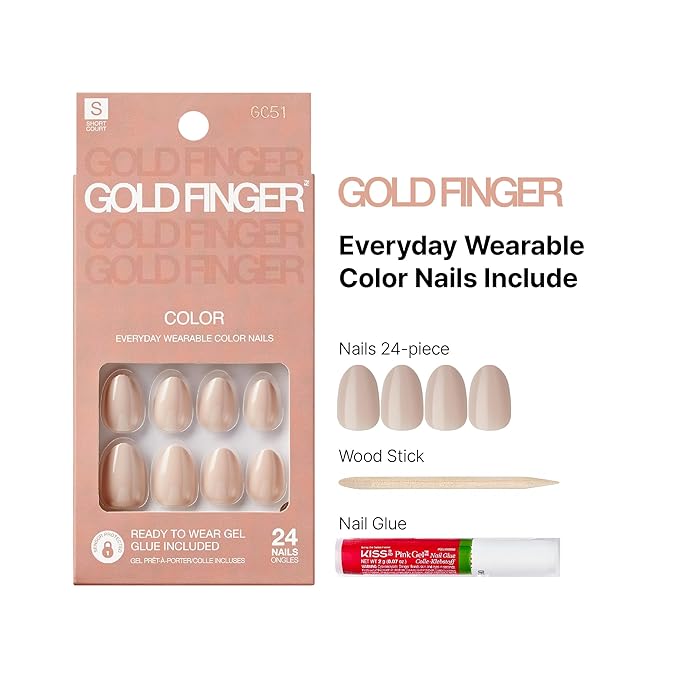 GoldFinger False Nails Kit, Ready to Wear Natural Beige Fake Nails, Manicure Stick and Glue Included, Short Almond Shape, Long-Lasting Hottest Trend Glue on Nails, Convenient & Easy to Apply
