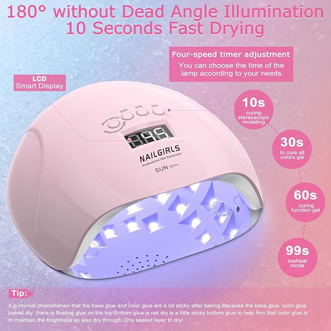 NAILGIRLS UV Nail Lamp 150W for Gel Polish, Professional Fast Curing UV Light for Gel Nails with 36pcs Lamp Beads, 4 Times with LCD Display Auto Sensor, Gift for Women Girl, Pink