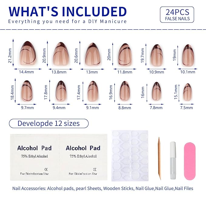 Nude Almond Press on Nails Short, Fall French Fake Nails with Unique Elegant Shaped Burgundy French Tip Design, Glossy Finish Acrylic Nails, Natural Reusable Glue on Nails Kit for Women