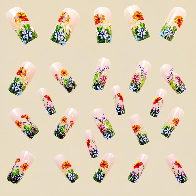 Flower Press on Nails Medium Square Fake Nail with Flower Designs Colorful Flowers Acrylic Nail Nude Pink Glossy Stick on Nails Floral False Nail for Women Girls 24Pcs