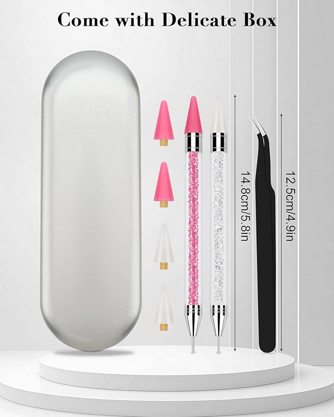Rhinestone Picker Tool, 2 Rhinestone Tool Dual-Ended Wax Pen with 4PCS Replaceable Wax Tips and 1 Tweezers for DIY Nail Art Tool (Pink & White)