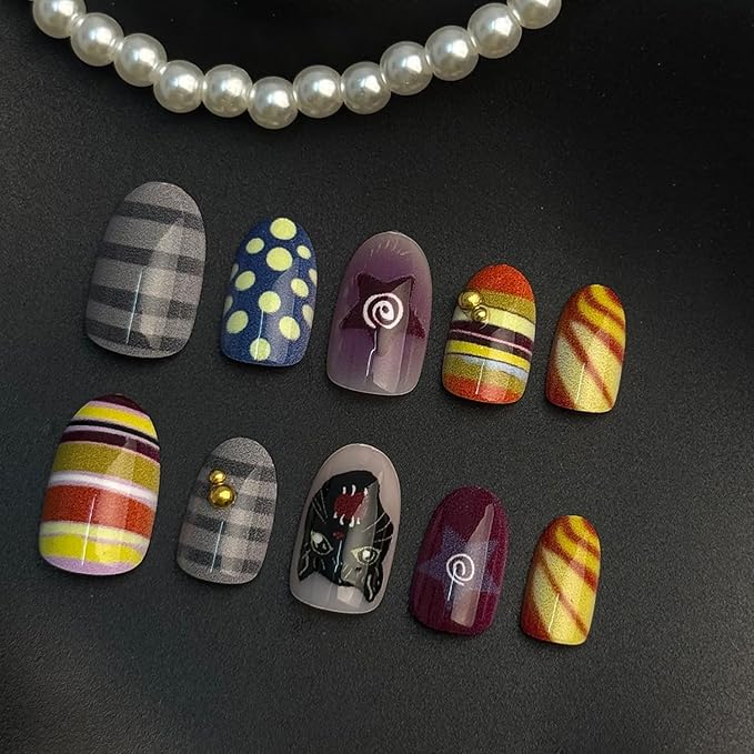 Press on Nails Short Oval MABKJLF Fake Nails Cute False Nails with Panther Stars Polka Dots Designs Vintage Glossy Glue on Nail Fall Acrylic Nails for Women Girls 24Pcs