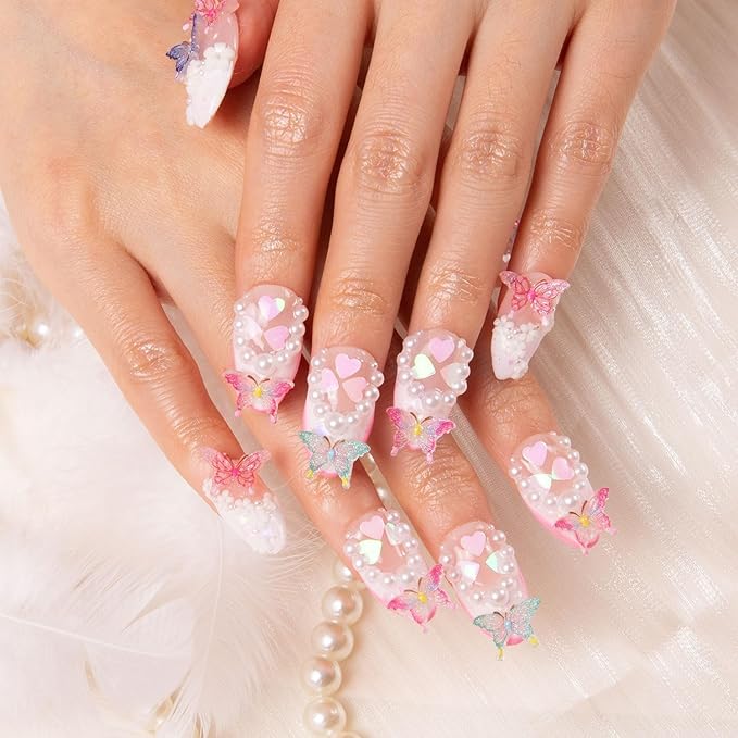 LOVFUL Press on Nails Tipsy Butterfly | Handmade with Full Covered Crystals | Reusable Fake Nails | Almond Regular 1.0 in | H184-M