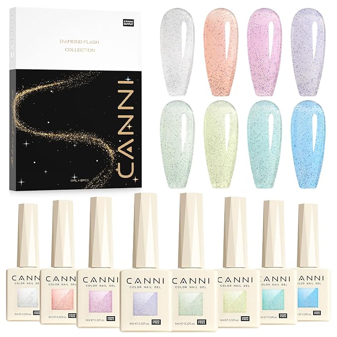 CANNI Gel Polish Glitter Gel Nail Polish Set, 8 Colors Sugar Silver Pink Orange Green Blue Shiny Glitter Gel Polish U V LED Soak Off Fairy Manicure Kit Gift for Women Girls