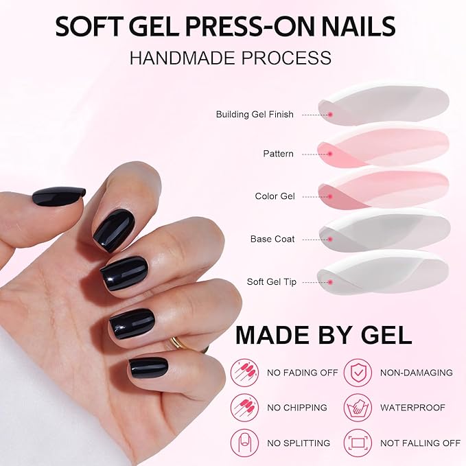 Press On Nails - Findigit Short Square Black False Stick Glue On Nails, Reusable Stick On Fake Nails with Glue Salon Quality 16 Sizes - 32 Nail Kits, Black Swan