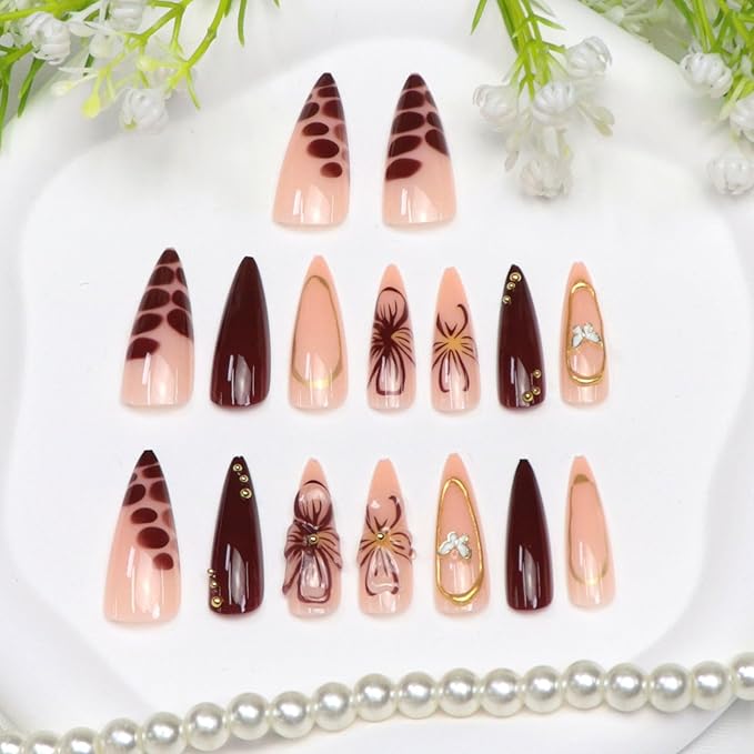 Long Press on Nails Stiletto Fake Nails with Flower Golden Beads Lines Butterfly Charm Designs Brown Nude Full Cover Glue on Nails Press ons Acrylic Glossy Stick on Nail for Women 24 Pcs