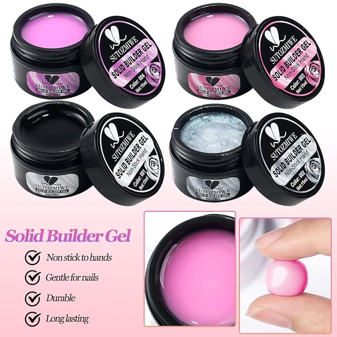 Solid Builder Gel for Nails,4 Colors Non-Sticky 3D Nail Sculpting Gel for Nail Art Flower Carving Modeling Design Hard Gels Nail Extension Glue with 3D Silicone Mold for Manicure Salon or Home DIY