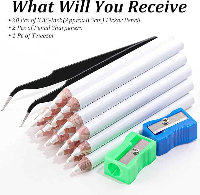 Rhinestone Picker Pencil for Nail Art, Gem Crystal Pick up Tool for Rhinestones and Diamond Painting, 20Pcs 3.35-inch Pickup Pen Kit with Nail Dotting Tools, Sharpeners, Tweezers