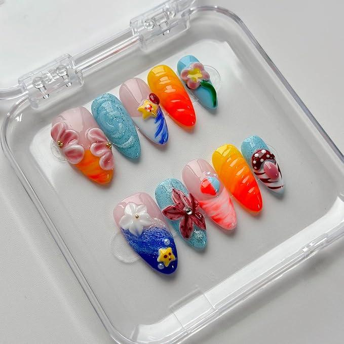 Luxury Press on Nails Medium Almond Handmade 3D Unique Reusable ABS Material Fake Nails French Tip False Nails with Designs Mushroom Floral Summer Glossy Glue on Nail Thick Acrylic Nail(S)