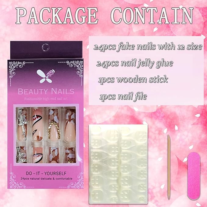 Press on Nails Coffin Long Length Acrylic Glossy Full Cover Square Shaped French False Nails with Designs Artificial Extra Long Fake Nails with Charms Glue ons Fingernails for Women(C006)