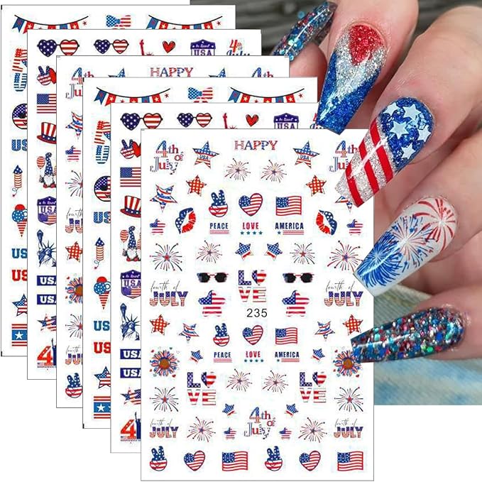 6Pcs/Celebrate 4th of July Nail Stickers for Nail Art Set - Independence Day Fireworks USA America UK Flags Adhesive Nail Art Sticker Decals DIY Patriotic Manicure Sliders Decorations Supplies