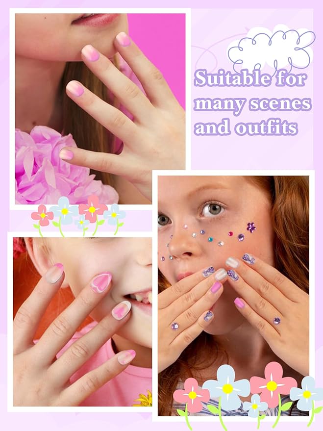 130 Pieces Press on Nails for Kids, EBANKU 5 Pack Kid Fake Nail Kit Old Cute Flower Mermaid Heart Press on Nails for Girls 8-12 Years with Jelly Nail Adhesives & Nail Builder Glue
