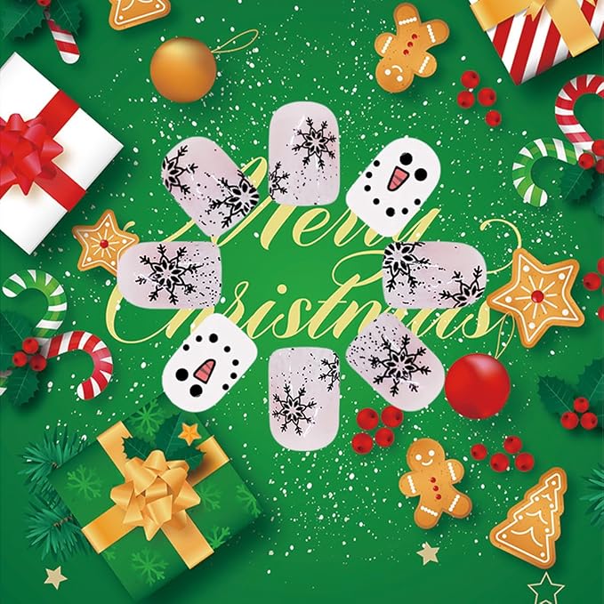 24pcs Christmas Press on Nails Short Square Black Snowflake Designs Cute Snowman False Nails With Glitter Winter Xmas Artificial Nail Decoration for Women Girl