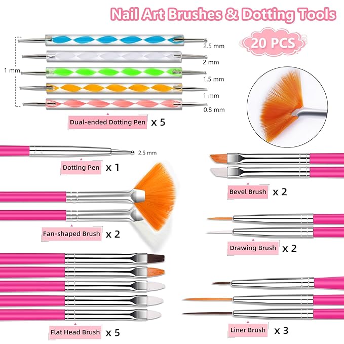 20 Nail Art Brushes Kit with Striping Tapes, Rhinestones, Pearls, Butterfly Sequins, Flower Charms & Gold Stickers for Nails DIY Manicure Gifts (Rosy)