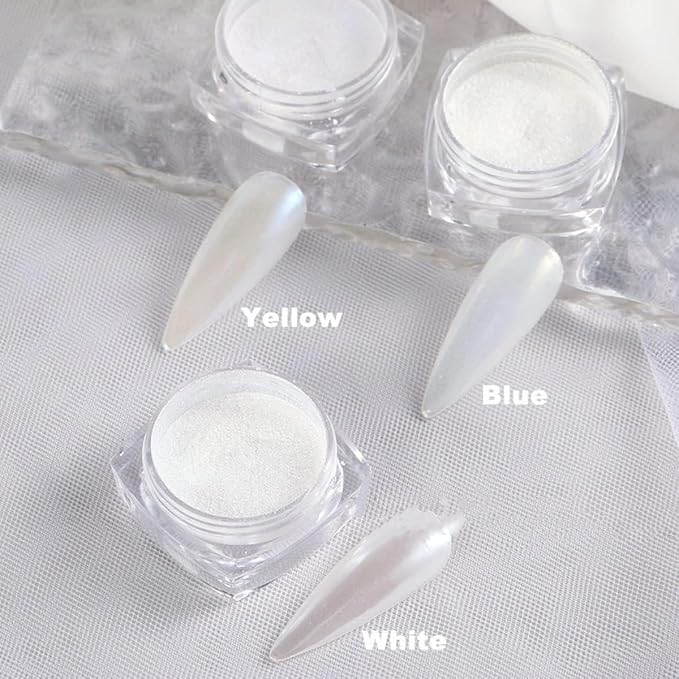 White Pearl Chrome Nail Powder, Mirror Effect Pearlescent Chrome Pigment Powder for Nails, Ice Aurora Nail Powder 3Pcs