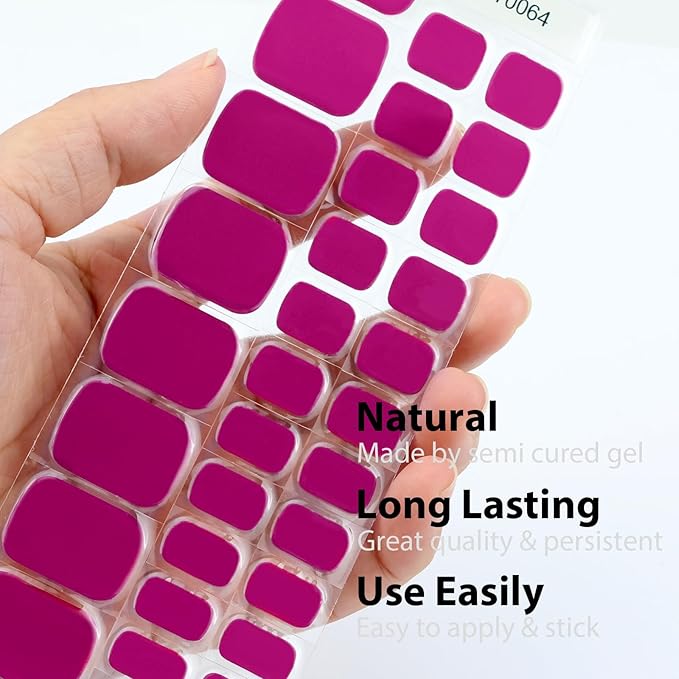 32 Pcs Semi Cured Gel Toe Nail Strips Berry Pink Gel Nail Stickers Full Cover Nails Wraps Self Adhesive Toe Nails Polish Strips Stickers for Women UV/LED Light Required