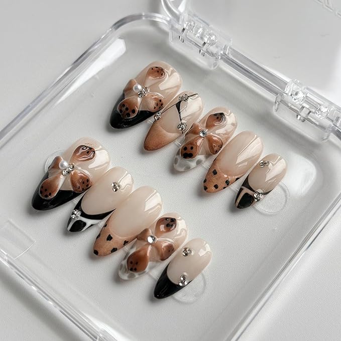Luxury Press on Nails Short Almond Handmade 3D Unique Reusable ABS Material Fake Nails French Tip False Nails with Designs Polka Dots Flower Rhinestones Brown Glossy Glue on Nail Thick Acrylic Nail(M)