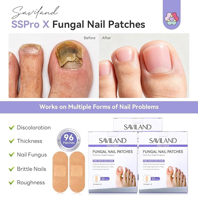 SAVILAND Extra Strength Fungal Nail Patches: 96 Patch 8H Overnight Repair 1% Tolnaftate Toenail Treatment Nighttime Nail Renewal Restores Damaged Nails Discolored Thick Yellow Healthy Appearance