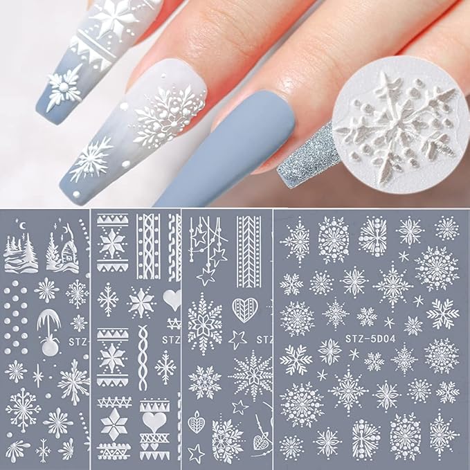CHARMARK Snowflake Nail Art Stickers, 5D Embossed, Christmas, White, 4 Sheets (Snowflakes A)