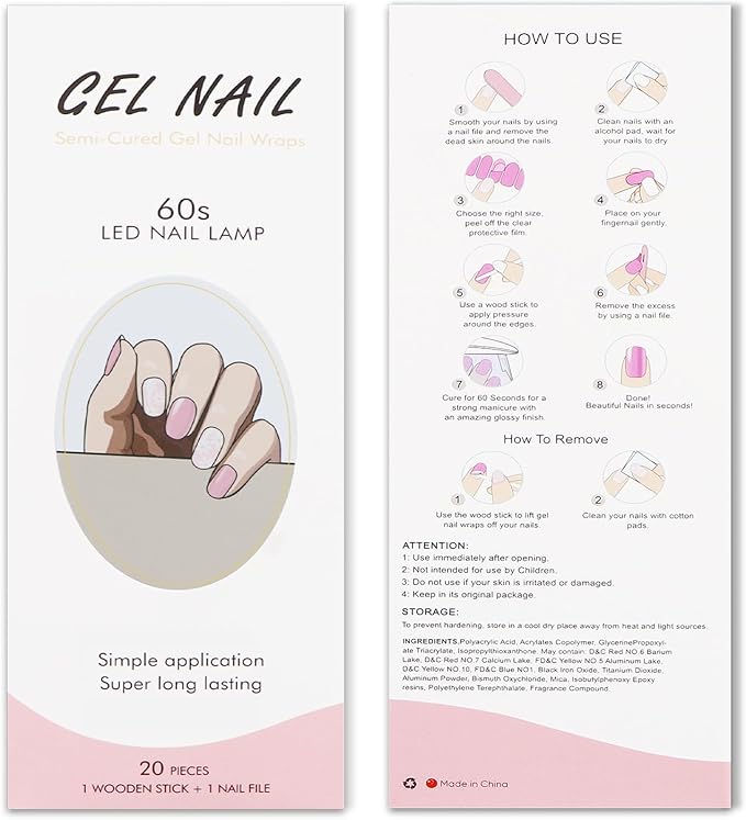 JMEOWIO Gel Nail Stickers Flower Pink Semi Cured Gel Nail Strips Wraps UV/LED Nails Art Design Decoration Accessories