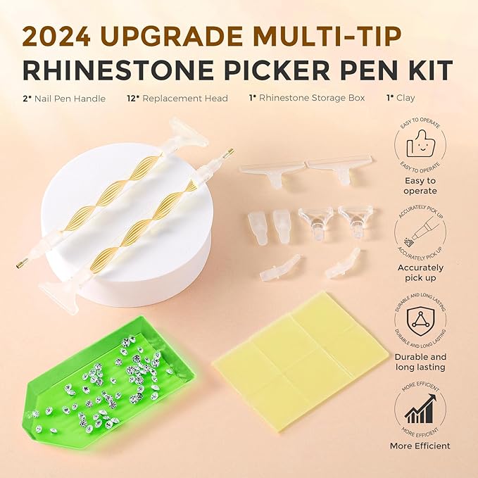 Rhinestone Picker Tool Kit: 2Pcs Rhinestone Applicator Handle, Dual-Ended Bedazzling Tools Pen with 12 Upgraded Plastic Replacement Tips, Clay for DIY Nail Art Craft (Yellow)