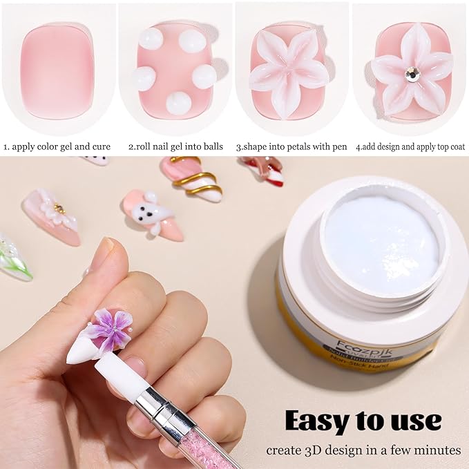 Clear and White Solid Builder Gel for Nails, 2PCS 30g 3D Nail Art Gel Non-sticky Hand Hard Gels Sculpting Molding Embossed Flowers Design with Carving Pen DIY Home Manicure Salon Supplies