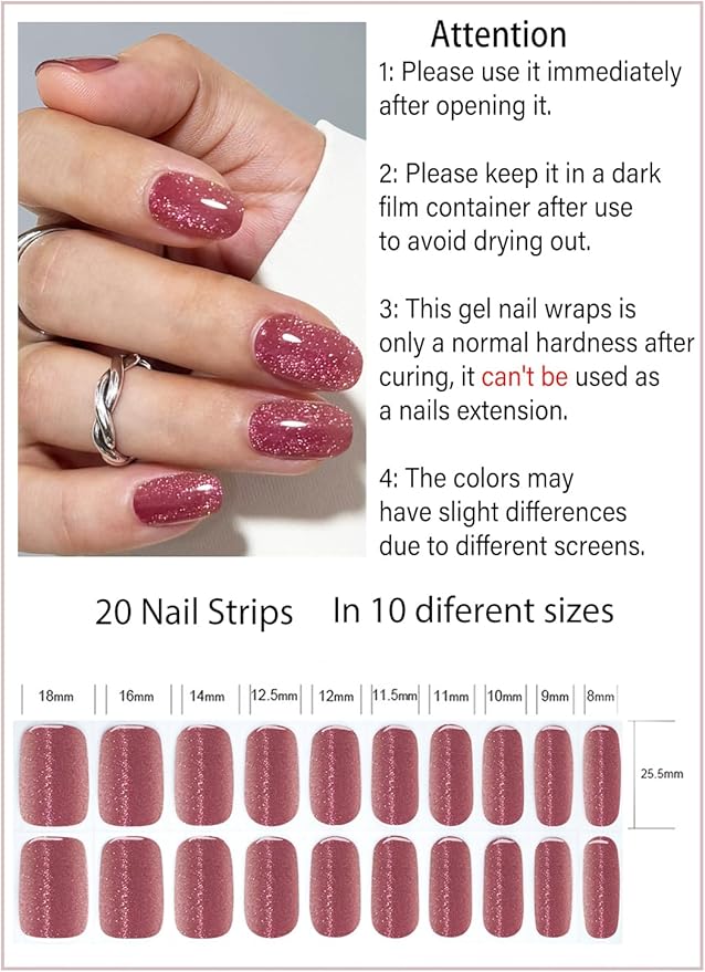 UV Gel Nail Stickers, Pink Cat Eye 20pcs Semi Cured Gel Nail Strips, Wraps for Home Manicure DIY