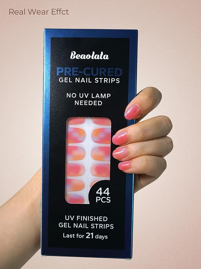 Pre Cured Gel Nail Strips - 44PCS Salon Quality Gel Nail Stickers - Long Lasting Polish Wraps for Women no UV Light Needed Easy Apply & Remove (Shimmer Pink)