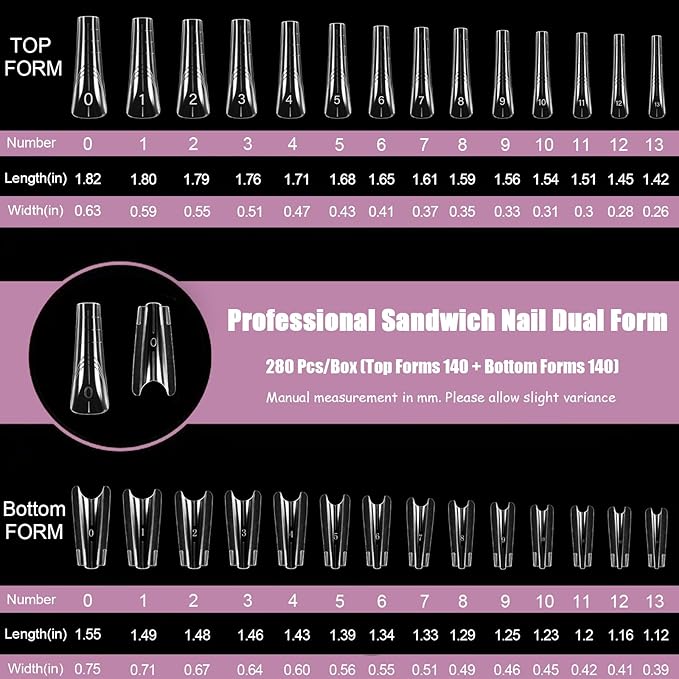 280 Pcs Original Sandwich Nails Dual Form with Guide Lines Long Coffin Nail Mold for Builder Gel Nail Extensions Art Design Salon DIY at Home