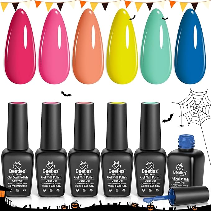 Beetles Spring Gel Polish Set - 6 Colors Peach Coral Orange Blue Pink Green Gel Nail Polish, Soak Off UV Manicure Kit DIY Nail Art for Women Pool Party Holiday