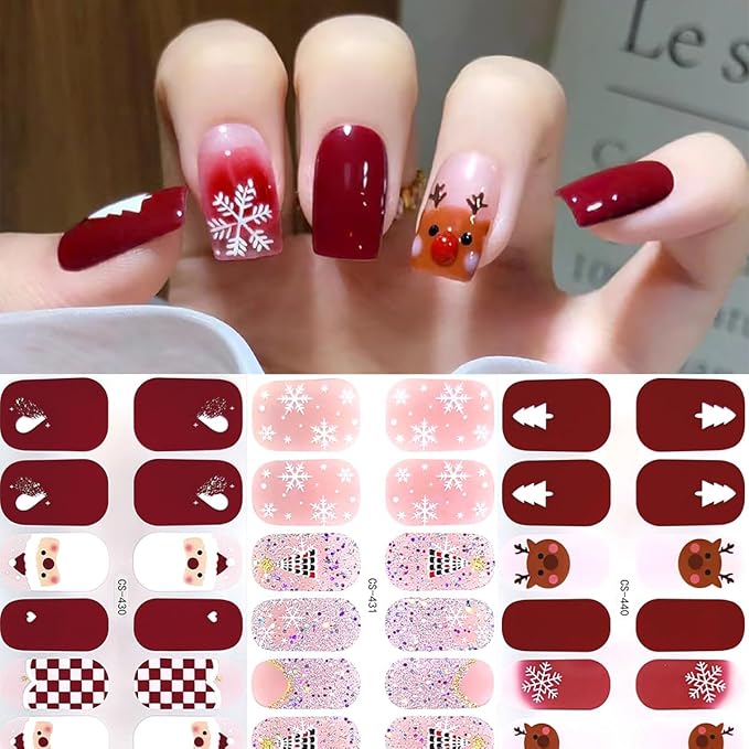 6 Sheets Christmas Gel Nail Strips 3D White Snowflake Wrap Toenail Stickers Cute Snowflake Xmas Tree Snowmen Elk Winter Nail Design Full Cover Holiday Nail Polish Stickers for Women Acrylic Nails DIY
