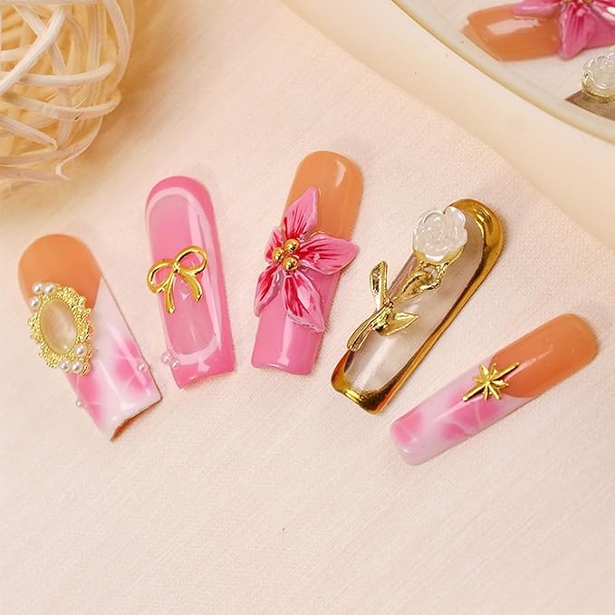 Handmade Press on Nails Long Square Fake Nails French False Nails with Golden Rose & 3D Flower Luxury Pearl Bow Thickened Acrylic Nails Design Full Cover Flower Press on Nail for Women Nail Art（M)