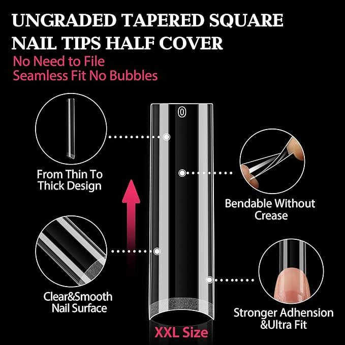 UNA GELLA Tapered Square Nail Tips XXL 216 PCS No C Curve Nail Tips Extra Long Straight Nails Half Fake No Trace for Acrylic Tips for Home DIY with Box