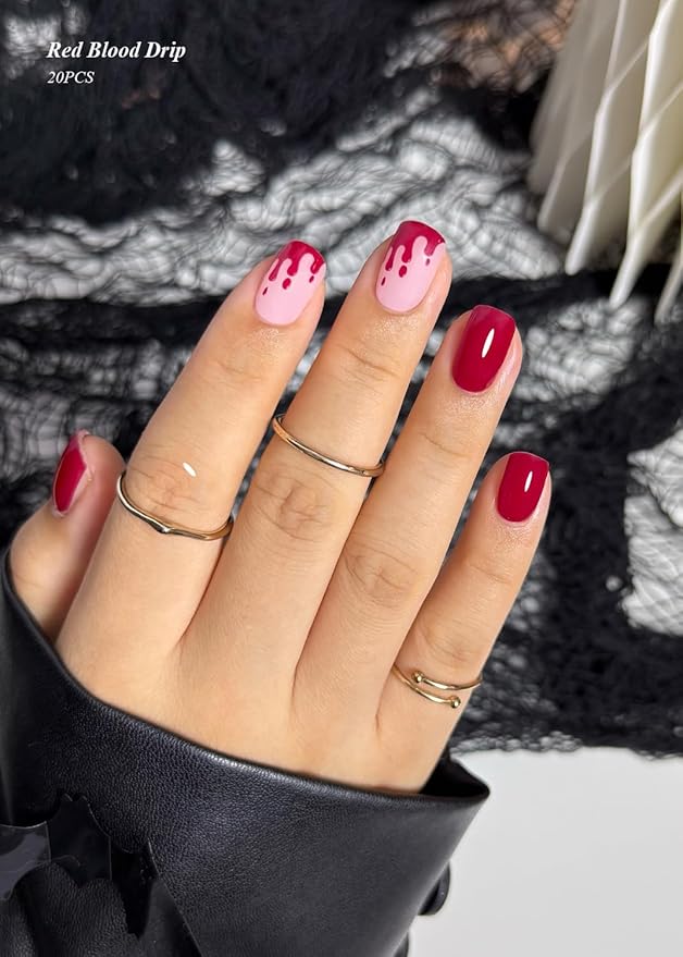 Semi Cured Gel Nail Strips (Red Blood Drip), Halloween, 20 Pcs Gel Nail Wraps, Stickers, Salon Quality, Long Lasting, Works With Any UV Lamps