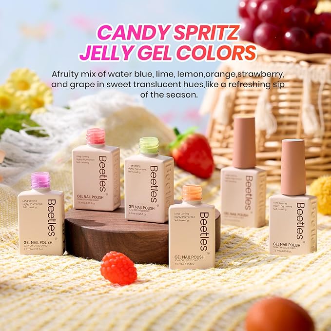 Beetles Candy Spritz Jelly Gel Nail Polish Set - 6 Colors Pastel Spring Gel Nail Kit Red Purple Blue Green Yellow Orange Sheer Translucent Effect Soak Off UV Nail Art Manicure Gift for Women