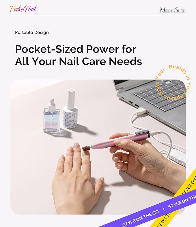 MelodySusie PocketNail Slim Ergonomic Pen-Shaped USB Nail Drill, PC100G 20000RPM Portable Electric File for All Manicure, Pedicure Nail Care, Shaping & Gel Removal at Home for Beginners